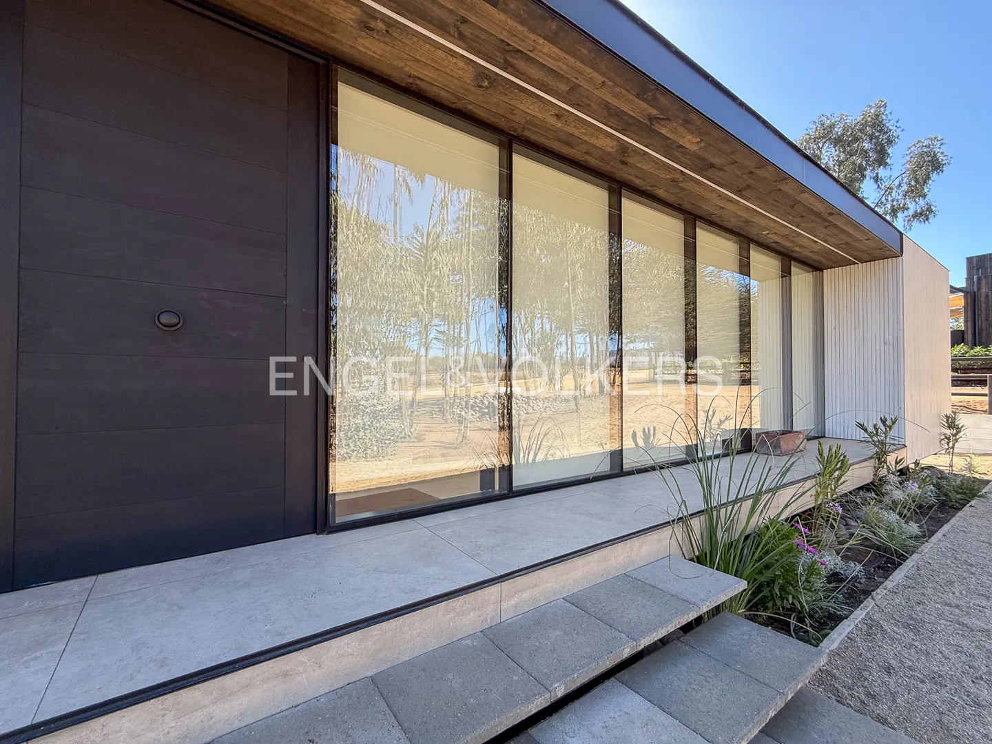 Modern home exterior with a dark wood door, large windows reflecting trees, and stone steps leading to a landscaped garden.
