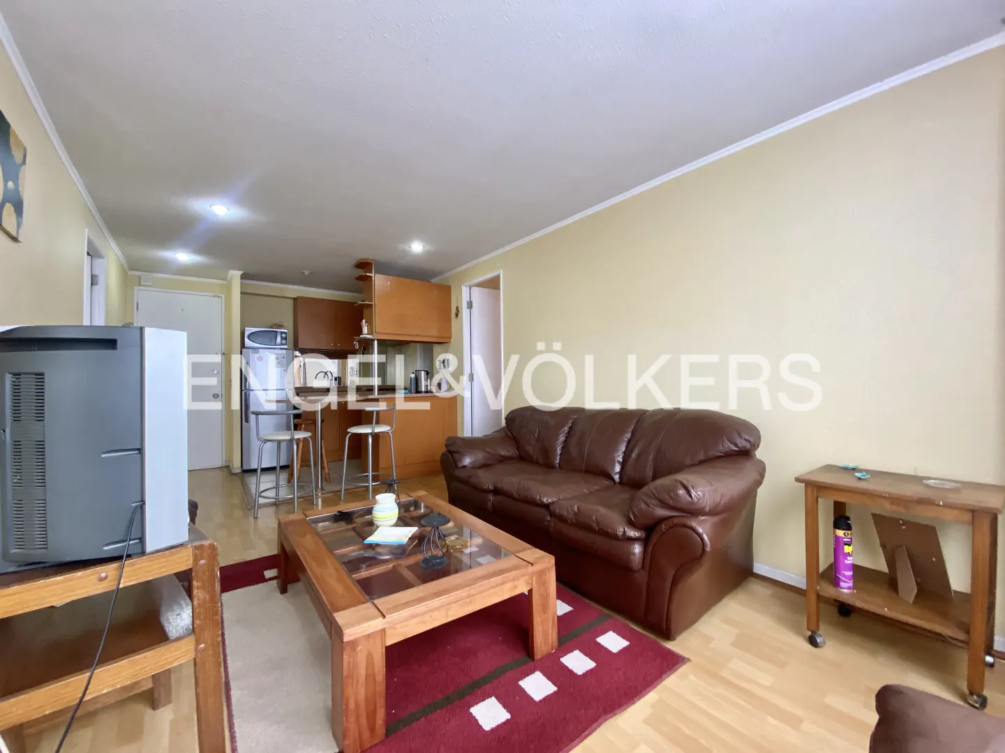 Living room with brown leather sofa, wood coffee table on red rug, and kitchen bar with stools.