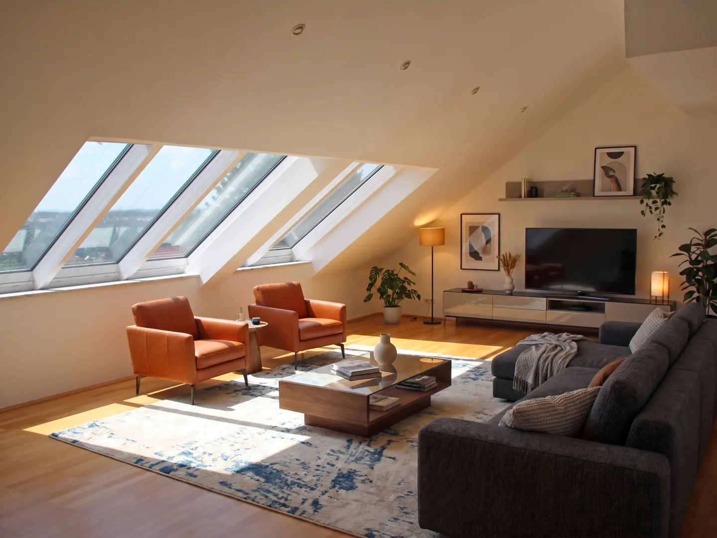 Attic living room with skylights, hardwood floors, and a blue and white rug. Two orange chairs face a dark gray sectional sofa. A TV and plants are in the background.
