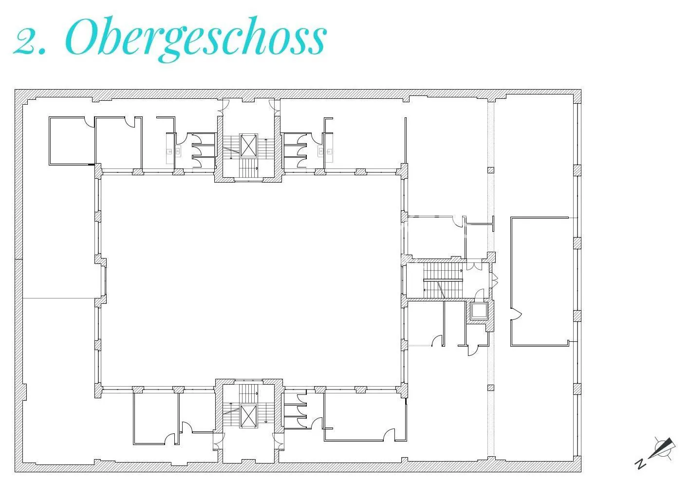 Floor plan of the 2nd floor, showing rooms, stairs, and a large central open space. The walls are outlined in black.