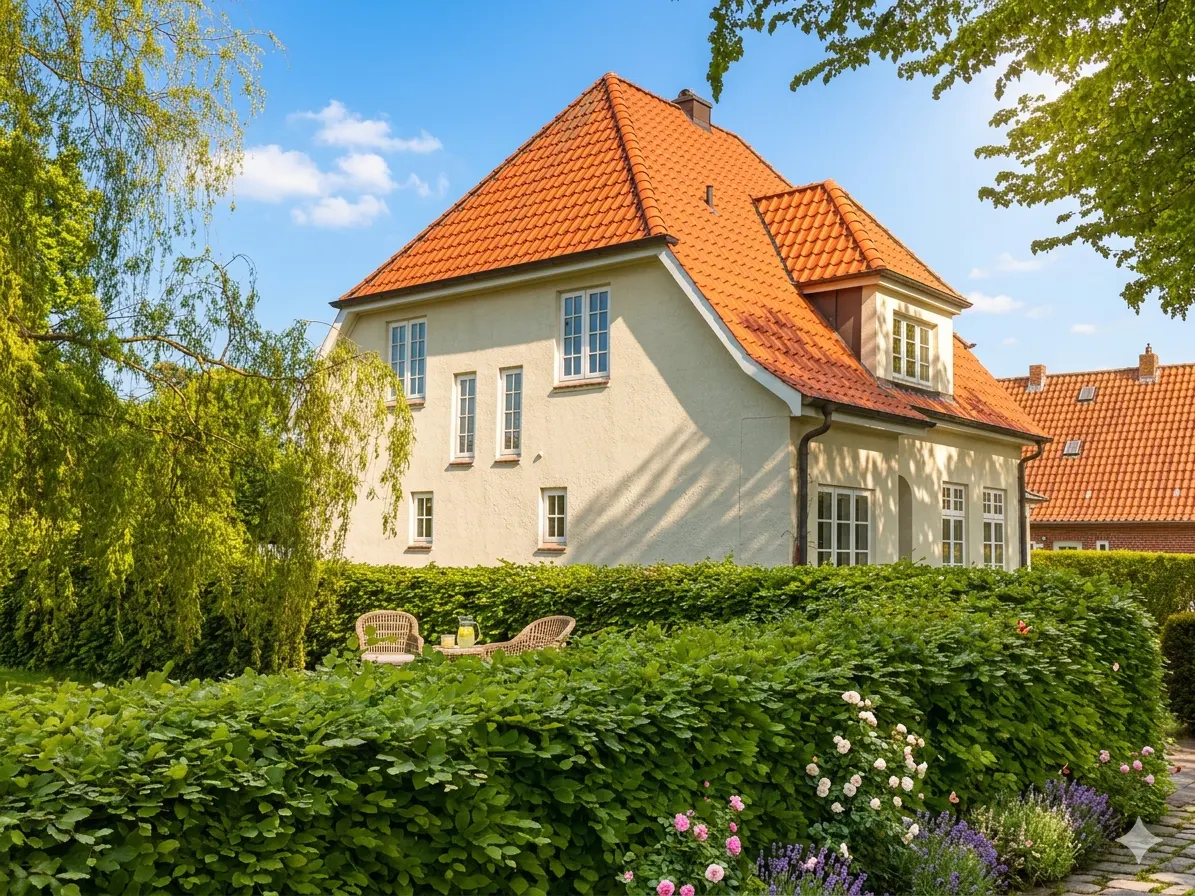 A cream-colored house with a red tile roof, surrounded by a lush green hedge, trees, and a small garden with flowers.