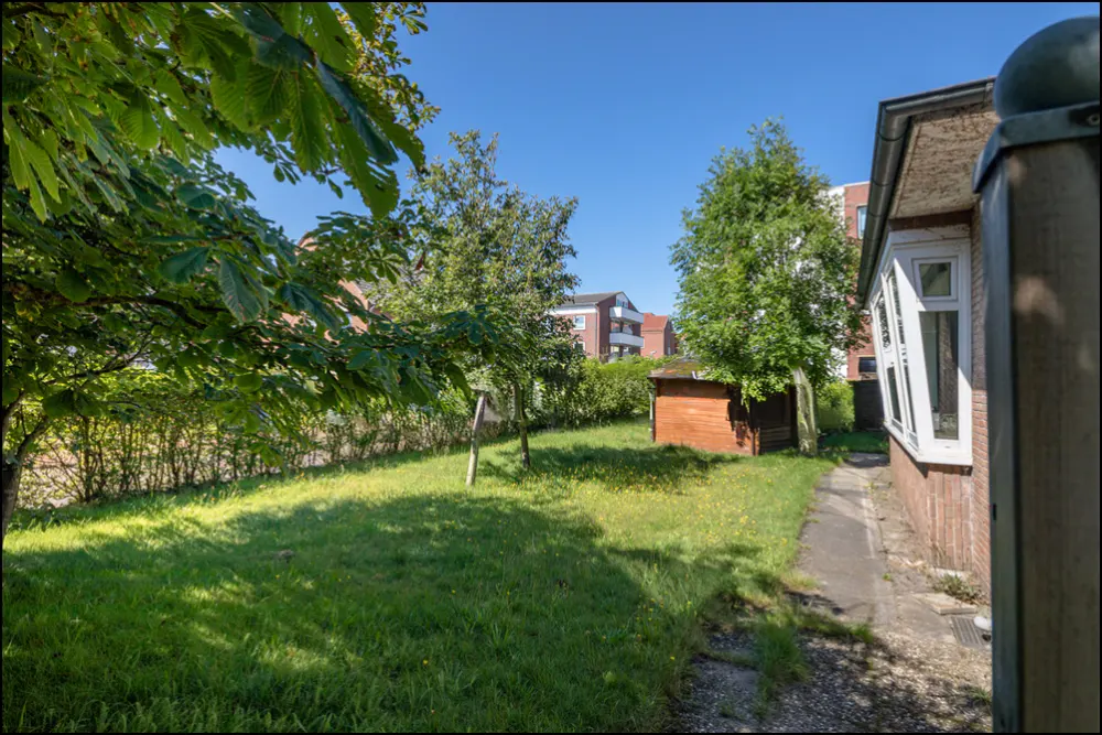 A grassy backyard with trees, a small shed, and a glimpse of a brick building under a clear blue sky.