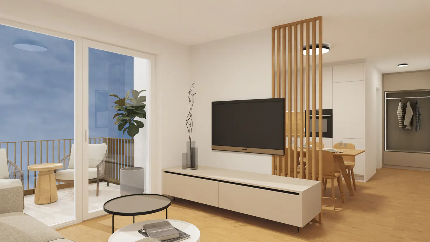 A modern living room with a TV, balcony, and open kitchen. The color palette is neutral, with wood accents.