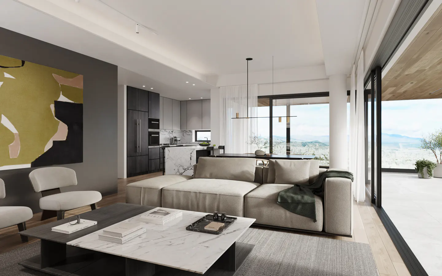 Open-concept living space with a beige sofa, marble coffee table, and abstract art. Kitchen and mountain view visible.
