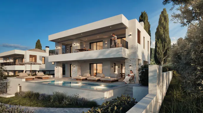 Modern white two-story villa with a swimming pool, lounge chairs, and people relaxing on a sunny day.