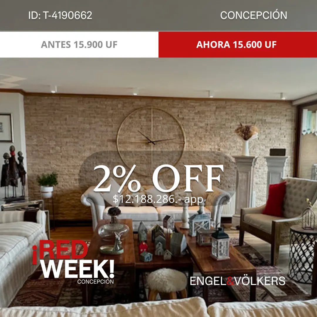 Living room interior with stone wall, sofas, wooden tables, and a large clock. "2% OFF" and "RED WEEK!" text overlays.