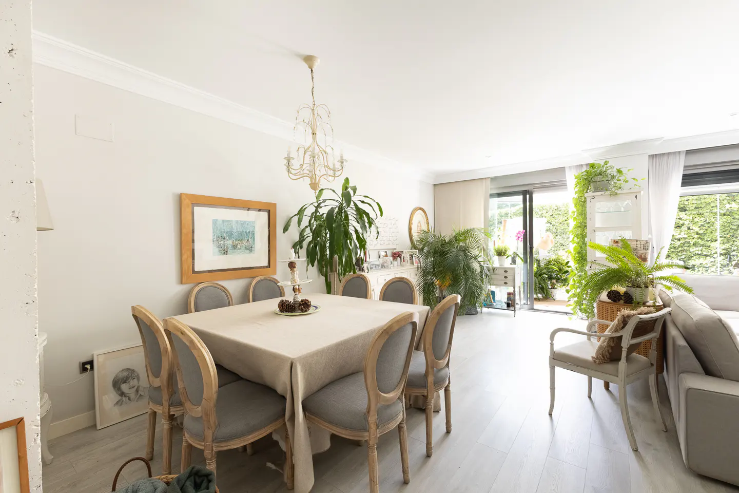 Bright dining room with a square table, six grey chairs, a chandelier, and large potted plants near a glass patio door.