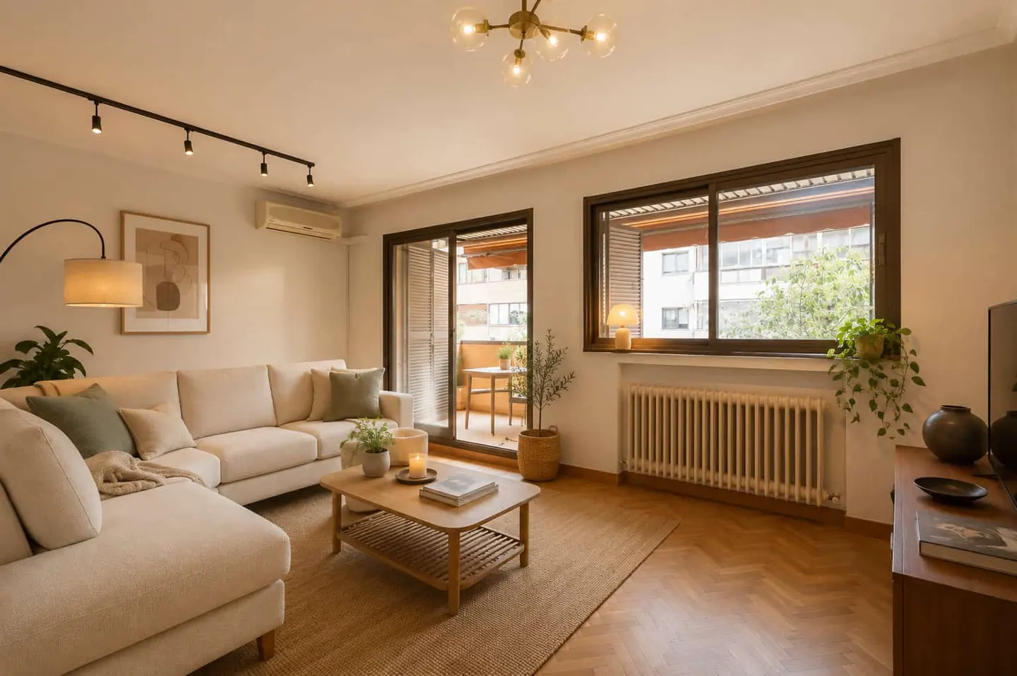 Bright living room with a beige sectional sofa, wood coffee table, and balcony access. Herringbone wood floors and natural light.