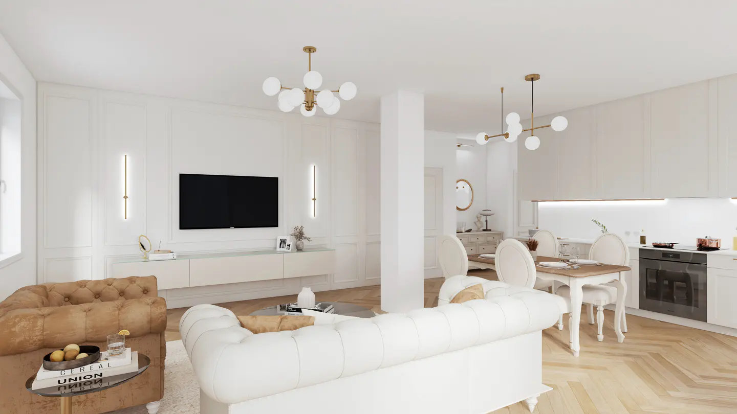 Bright, open-concept living space with white walls, wood floors, and modern lighting. A brown sofa and white sofa face a TV. Dining area and kitchen visible.