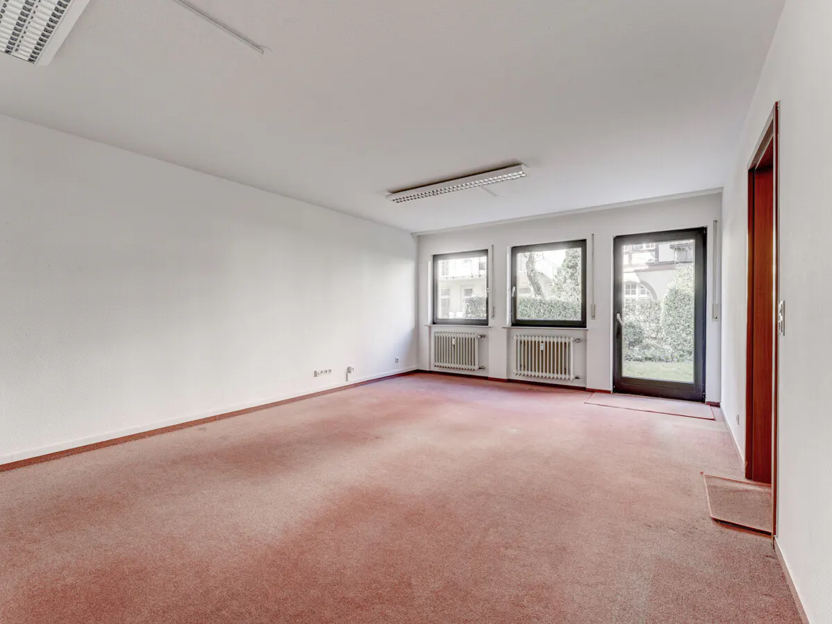 Empty room with white walls, pink carpet, two windows with radiators, and a glass door leading to a garden.