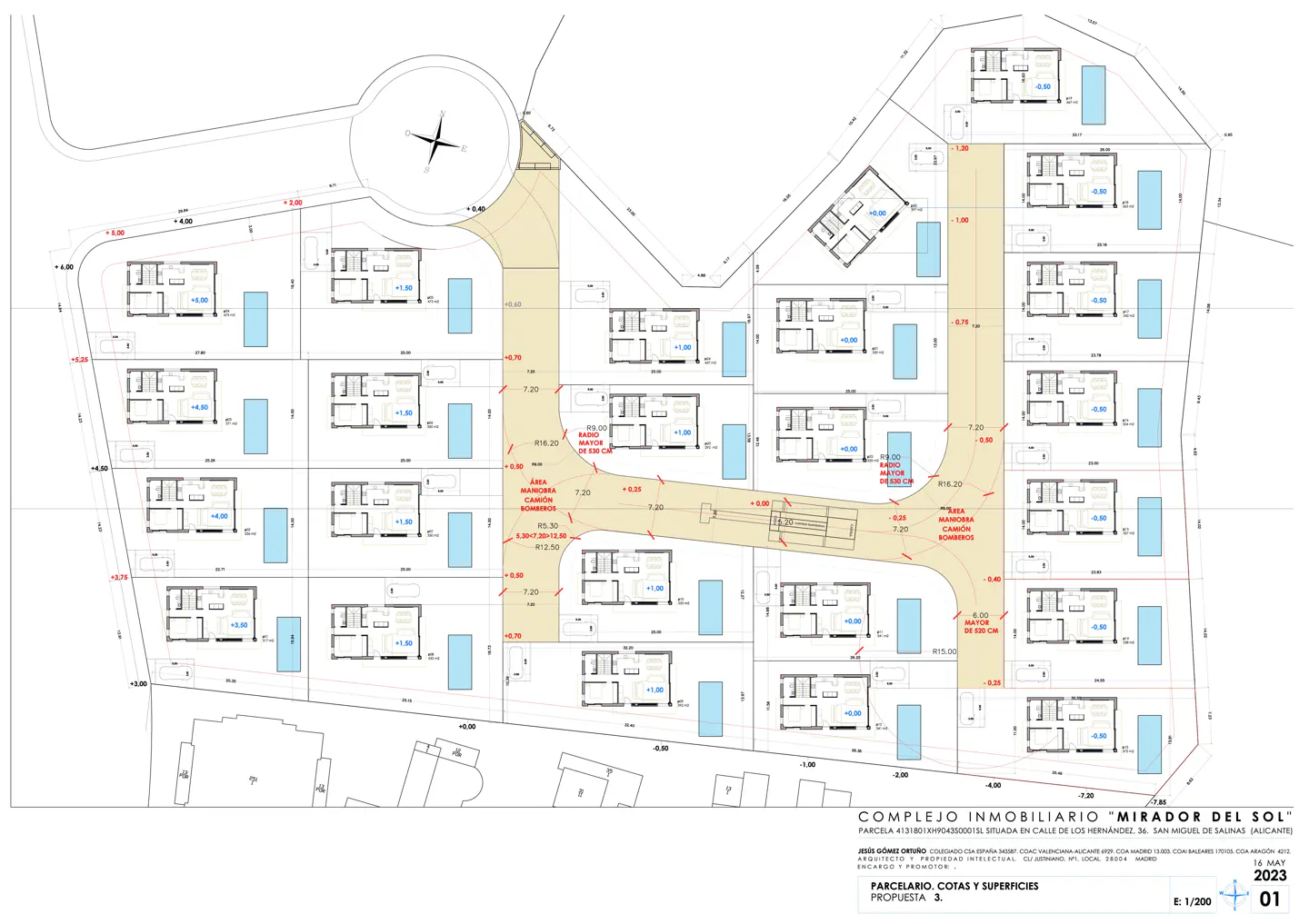 Architectural plan of "Mirador del Sol" complex shows building layouts, dimensions, and site features like pools and roads.