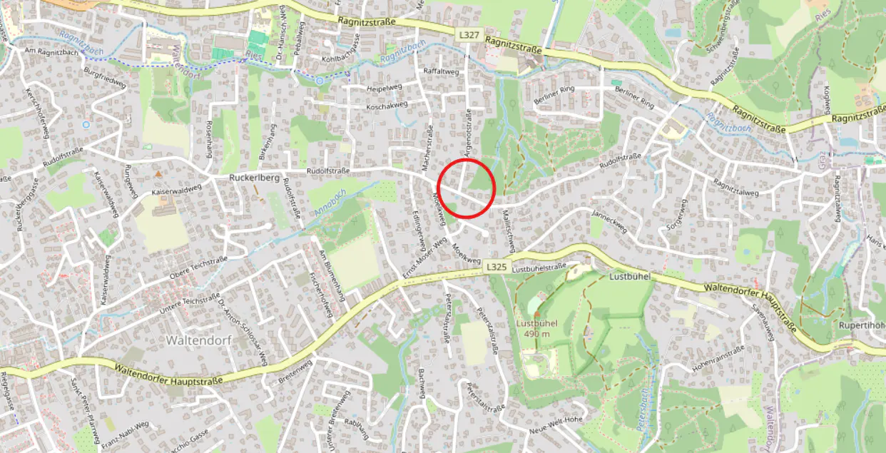 Map view of Waltendorf, Germany, with streets and green spaces. A red circle highlights a street intersection.