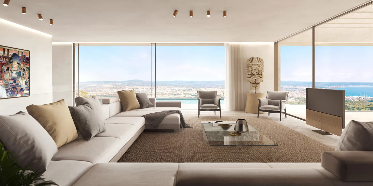 Bright living room with a large white sectional sofa, glass coffee table, and floor-to-ceiling windows with a city view.