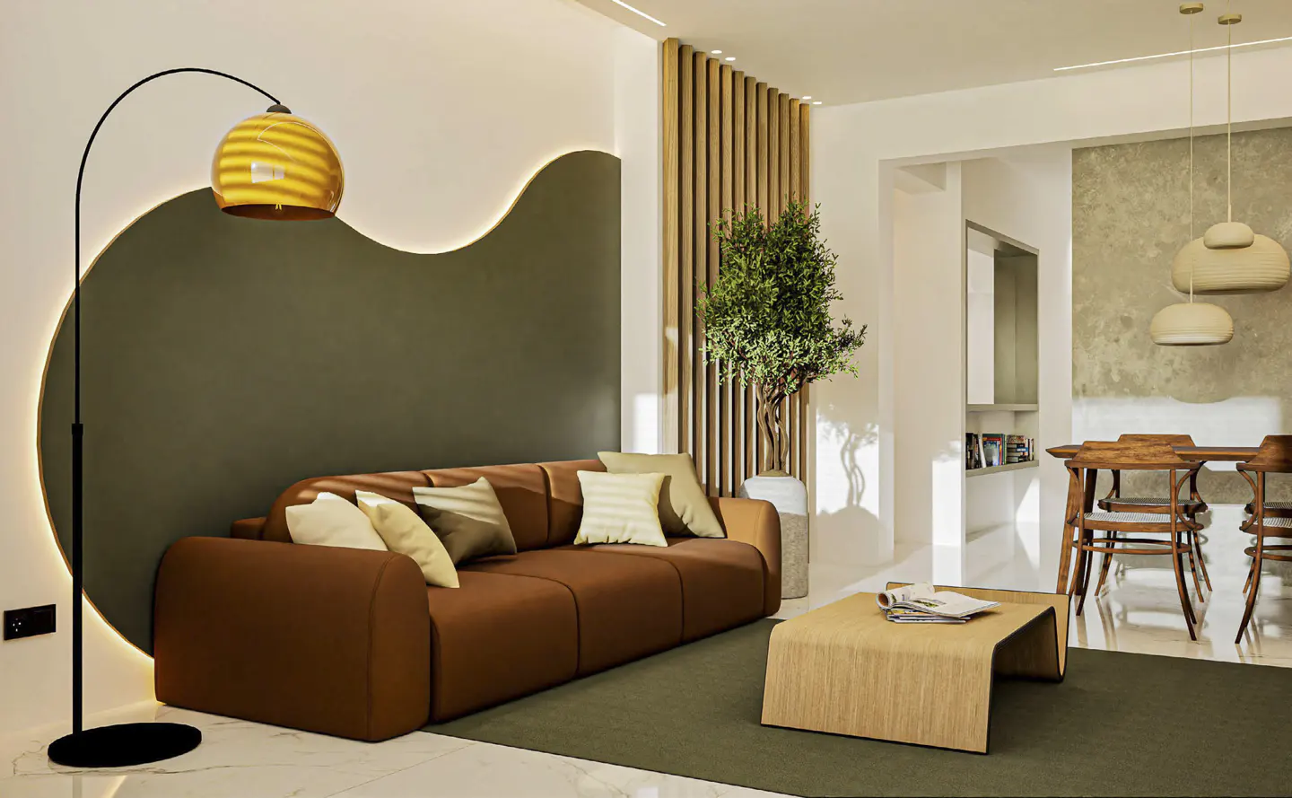 Living room with a brown sofa, pillows, a wooden coffee table, and a floor lamp with a yellow shade. A dining table is visible in the background.