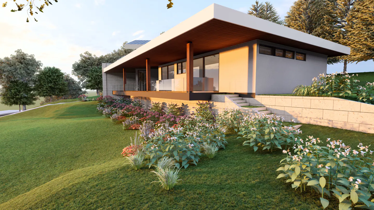 Modern house with a flat roof and wood accents, set on a grassy hill with flowers.
