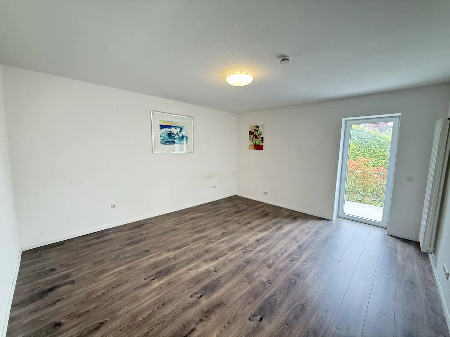 Bright, empty room with dark wood floors, white walls, and a door to a green yard. Two framed pictures hang on the wall.
