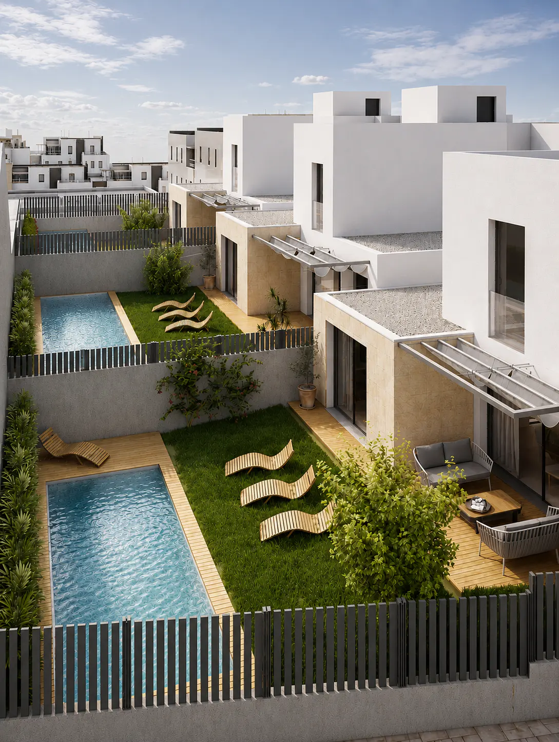 Aerial view of modern white townhouses with private pools, green lawns, and wooden lounge chairs. Gray fences separate the yards.