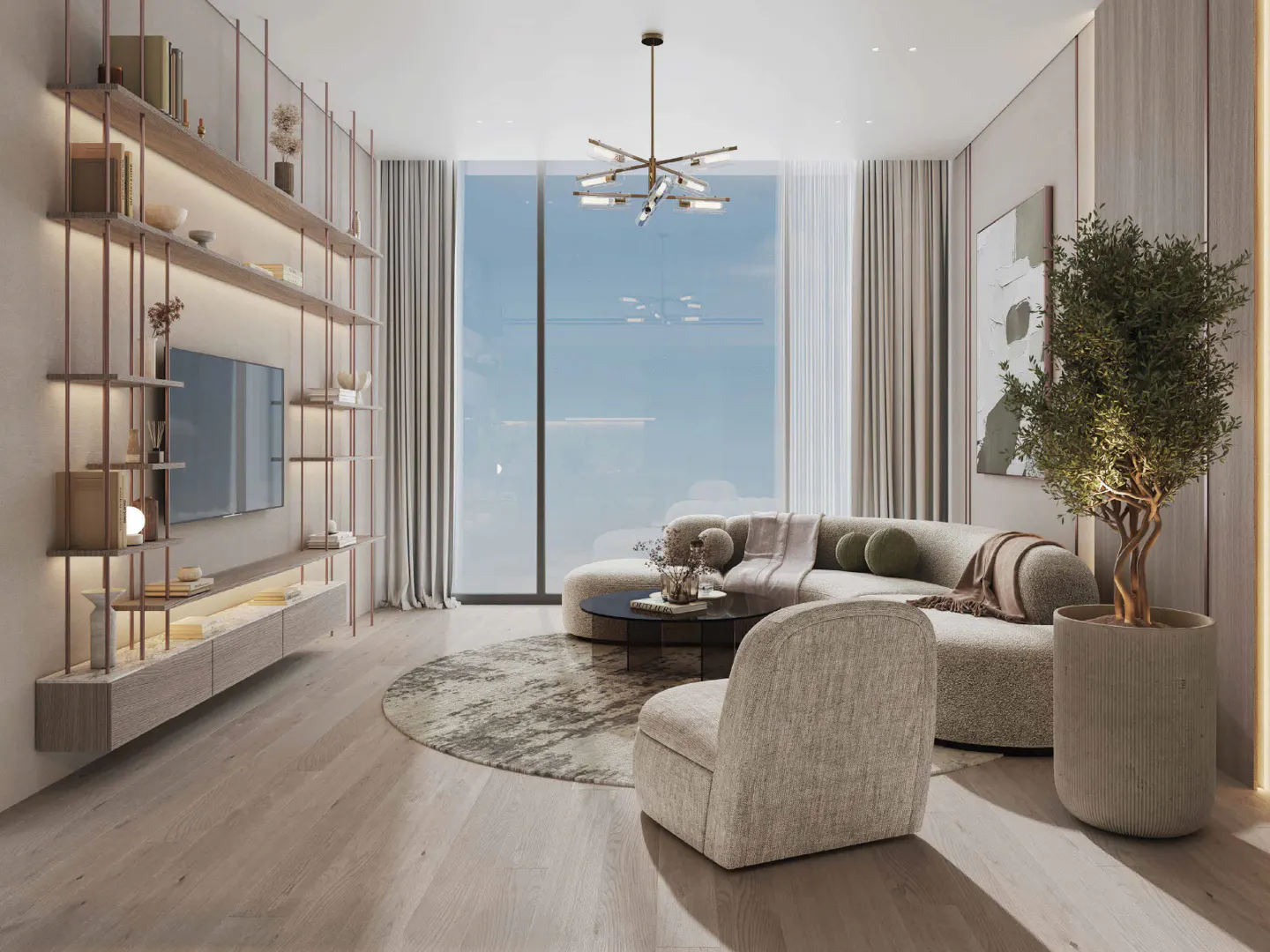Modern living room with a curved beige sofa, armchair, floor-to-ceiling shelving, and a large window with neutral curtains.