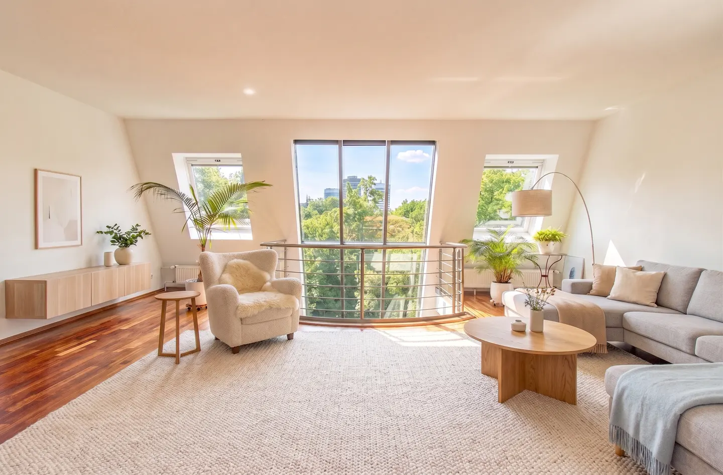Bright living room with a large window view. A beige armchair sits near a railing, with a gray sofa, wood table, and plants.
