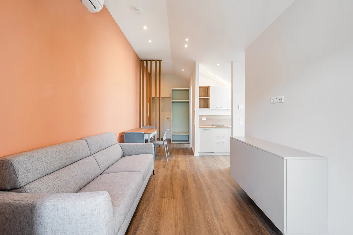 Studio apartment with gray sofa, wood floors, and peach accent wall. Kitchenette and dining area visible in the background.
