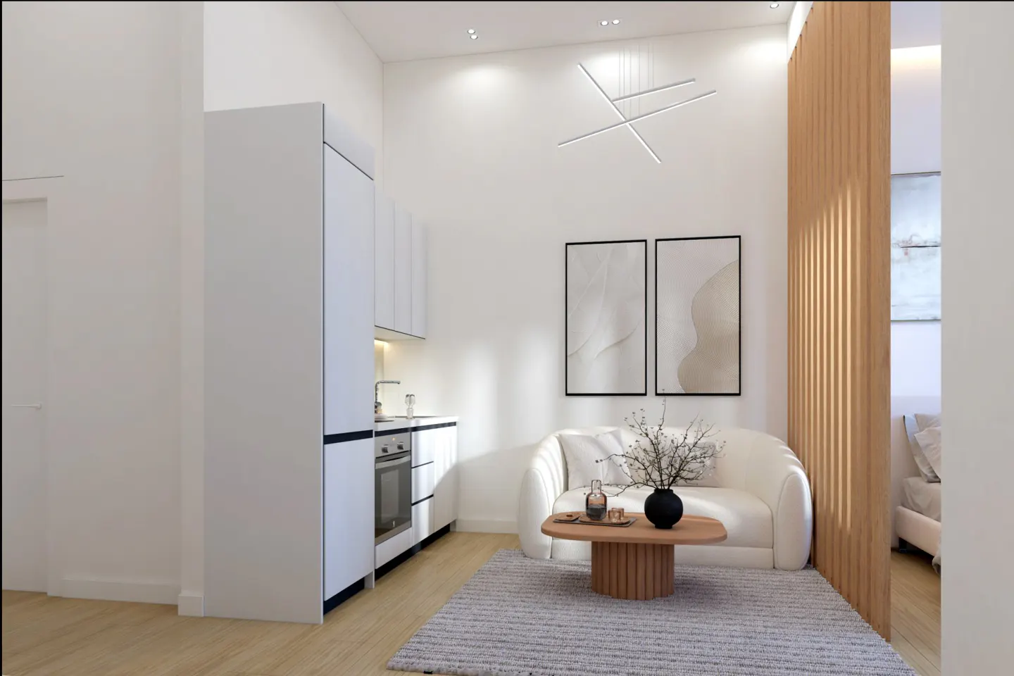 Bright, modern apartment interior with white walls, cabinets, and sofa. A wood slat wall divides the living area from the bedroom.