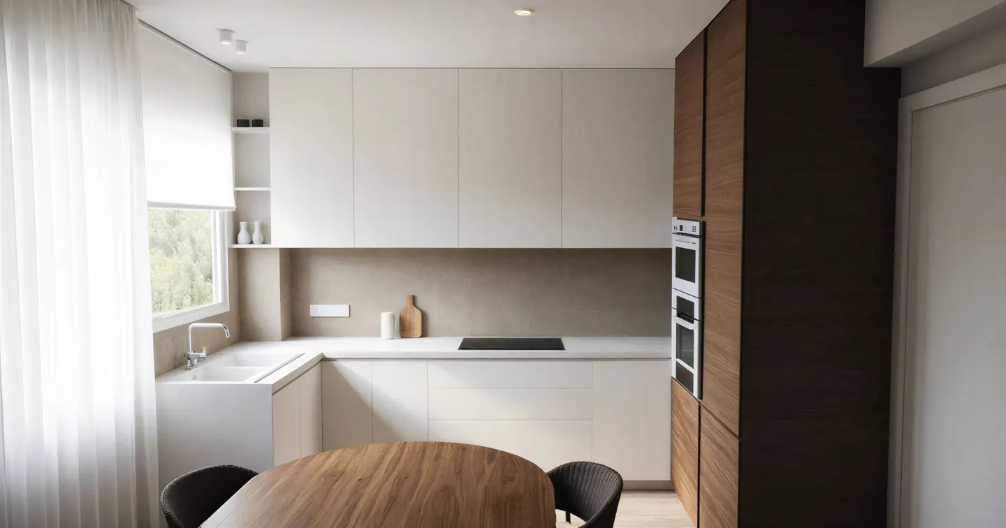 Modern kitchen with white cabinets, wood-grain pantry, white countertops, built-in oven, and a round wooden dining table.