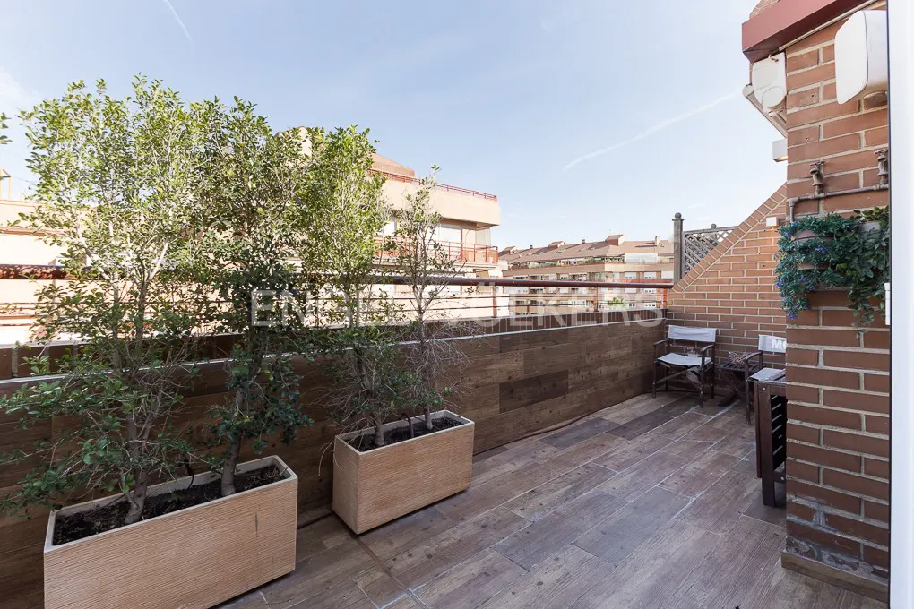 Outdoor patio with wood-look tile, two potted trees, and two chairs. Brick wall on the right. Balcony overlooks city buildings.