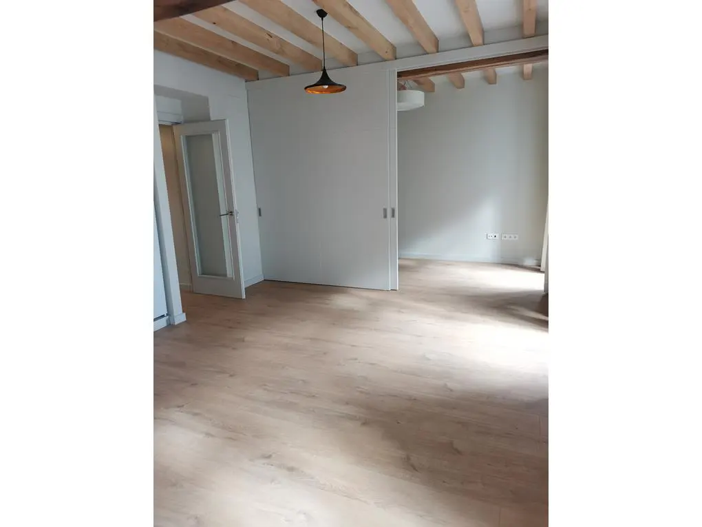 Bright, empty room with light wood floors, white walls, and exposed ceiling beams. A black pendant light hangs from the ceiling. A white door and sliding doors are visible.