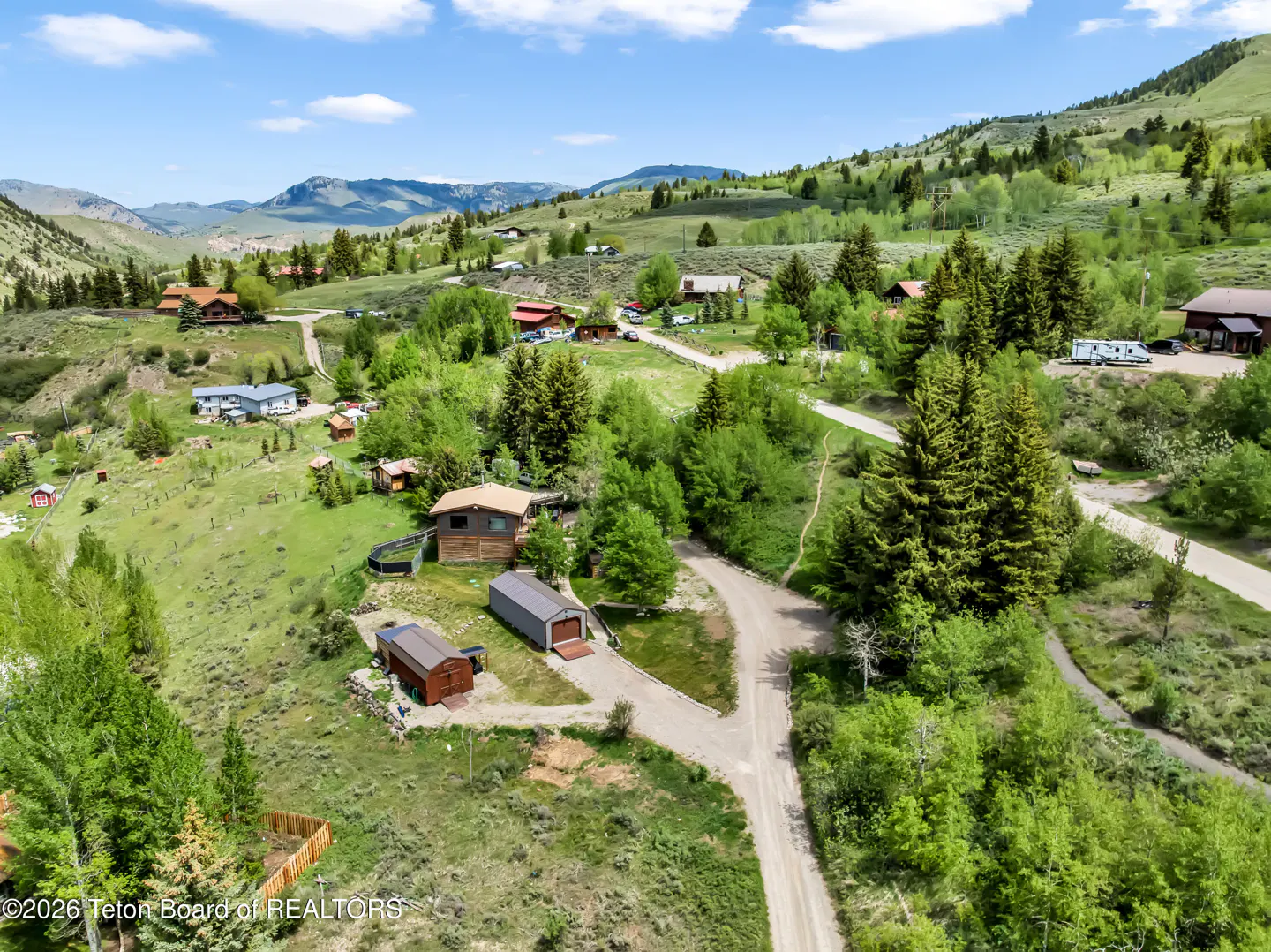 Aerial view of a rural mountain valley with scattered wooden homes, dirt roads, pine trees, and rolling green hills.