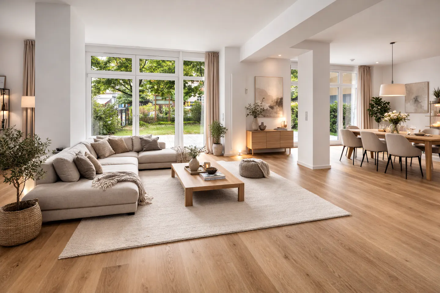 Bright, open-concept living and dining area with wood floors, beige sectional sofa, and large windows overlooking a green yard.