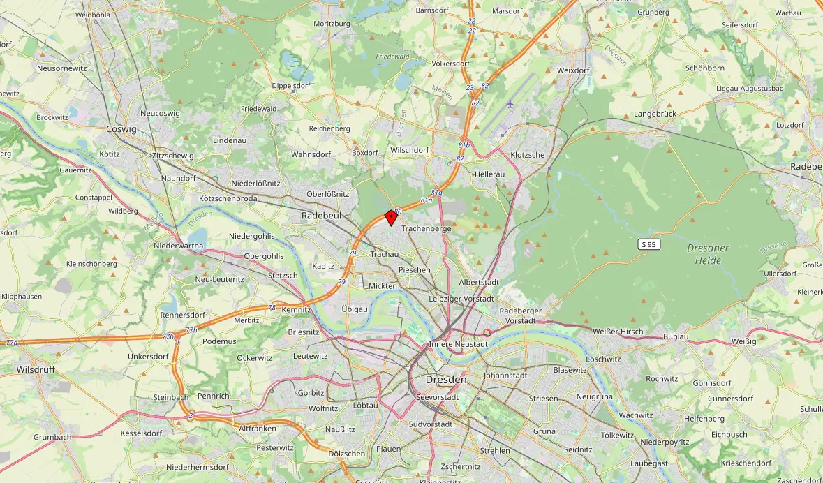 A map of the Dresden, Germany area with a red pin marking a specific location in the Trachenberge district.