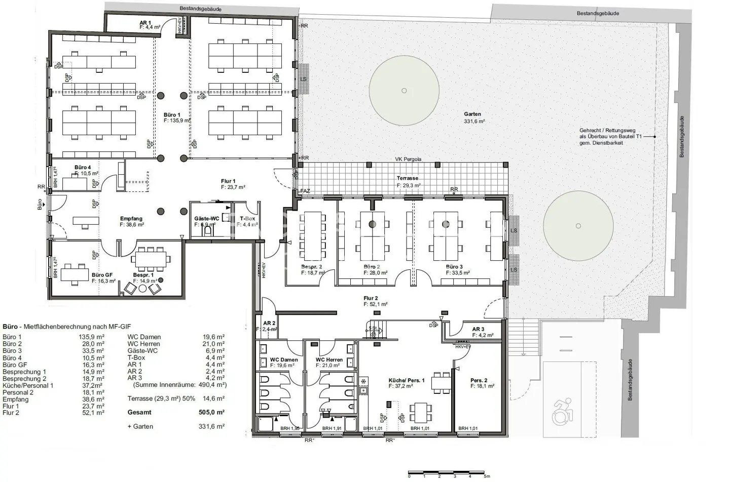 Floor plan of a commercial office space showing multiple offices, meeting rooms, restrooms, a terrace, and a large garden.