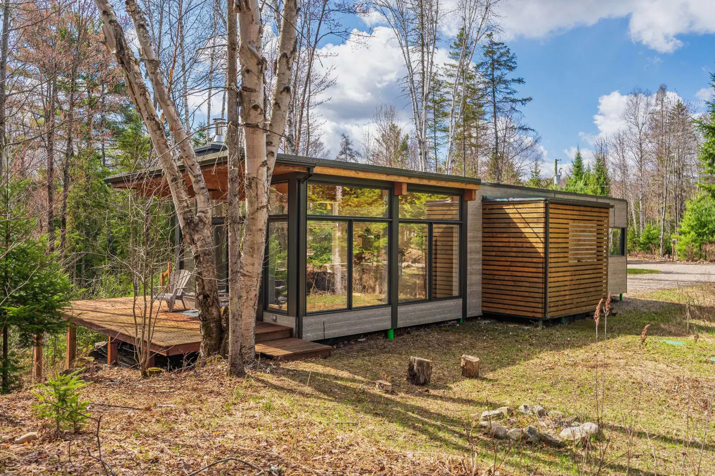 Modern cabin with large windows and wood siding, nestled in a forest with birch trees and a wooden deck.
