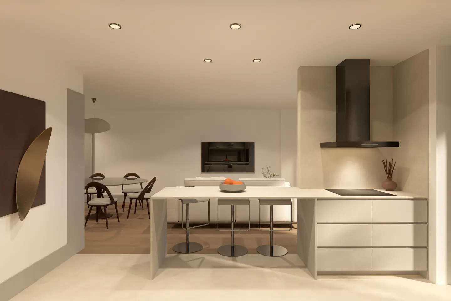 Open-concept living space with a white kitchen island, stools, and a black range hood. A dining table and living room are visible in the background.