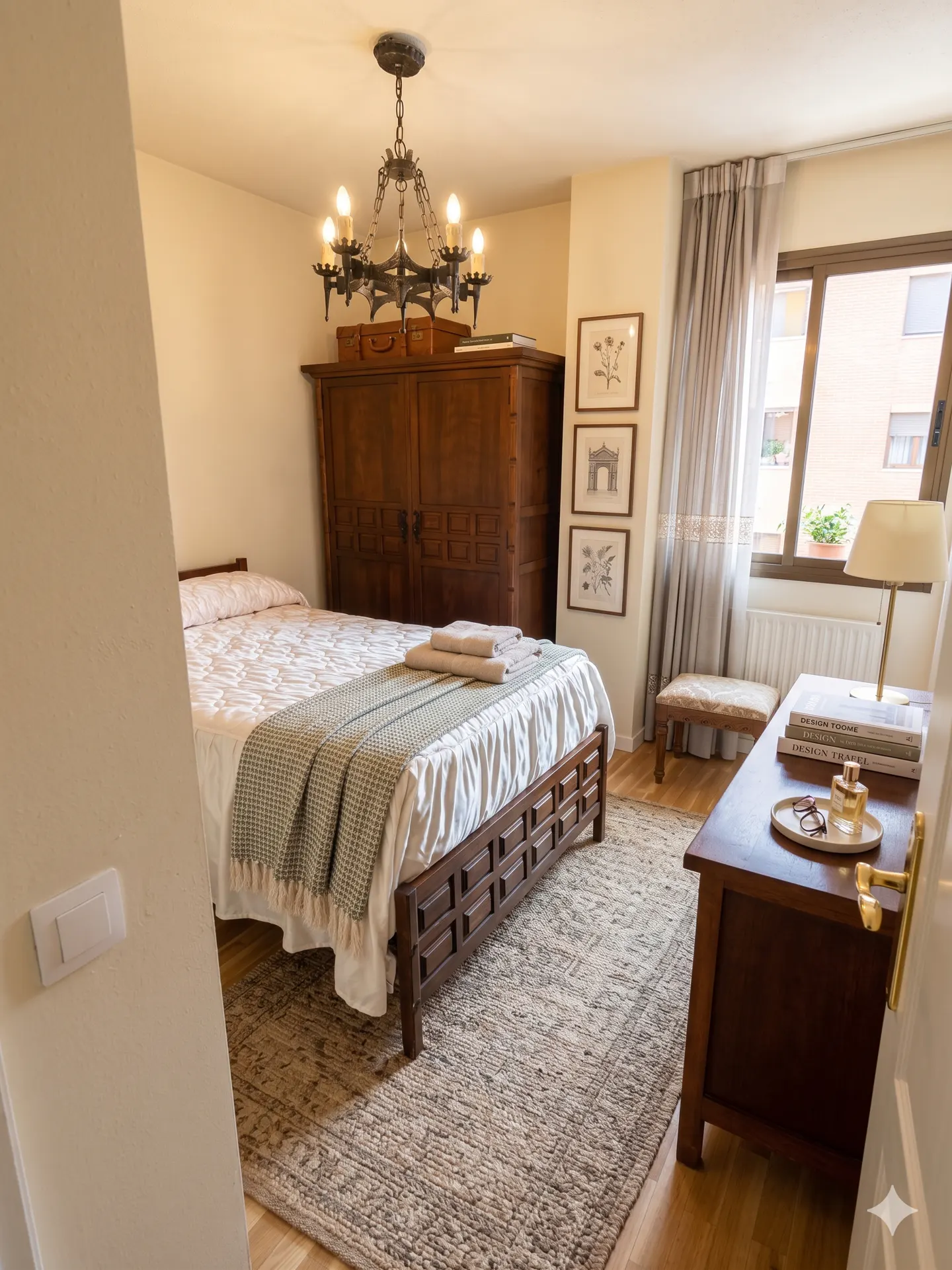 Bedroom with wooden furniture, a bed with a green blanket, and a chandelier. A window lets in natural light.