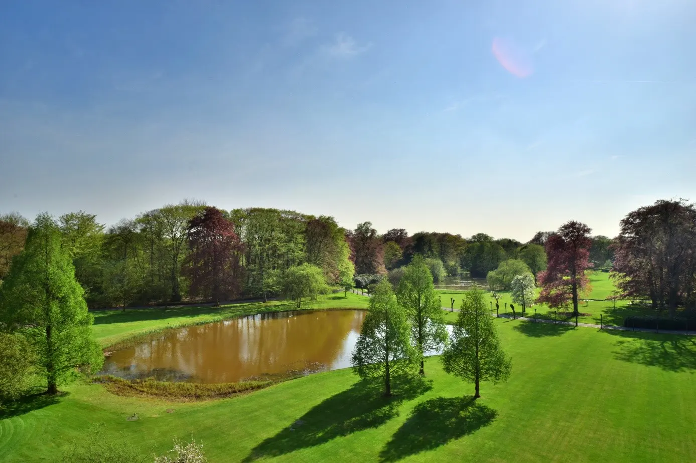 A scenic view of a calm pond surrounded by lush green lawns and diverse trees under a clear blue sky.