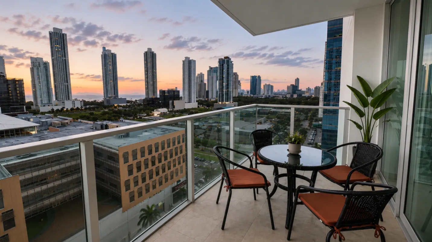 Balcony view at sunset. A black table and chairs sit on the balcony overlooking a city skyline with tall buildings.
