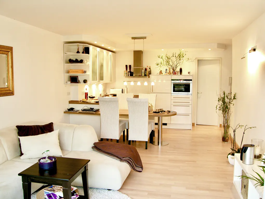 Bright, open-concept living space with a white sofa, dark wood table, and a modern kitchen with a round dining table.