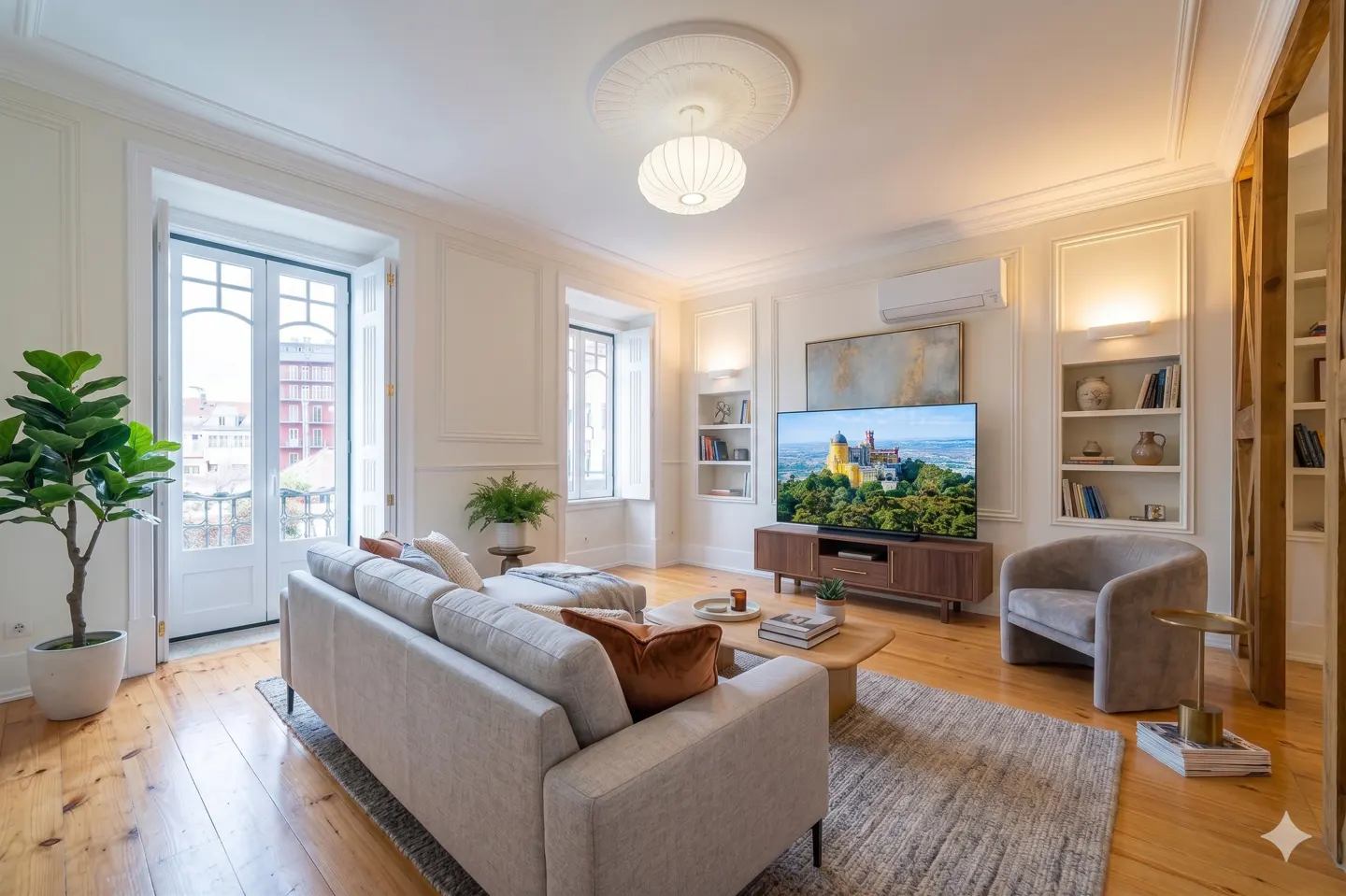 Bright living room with a gray sofa, wood floors, and white walls. A large TV displays a castle scene. Windows offer a city view.