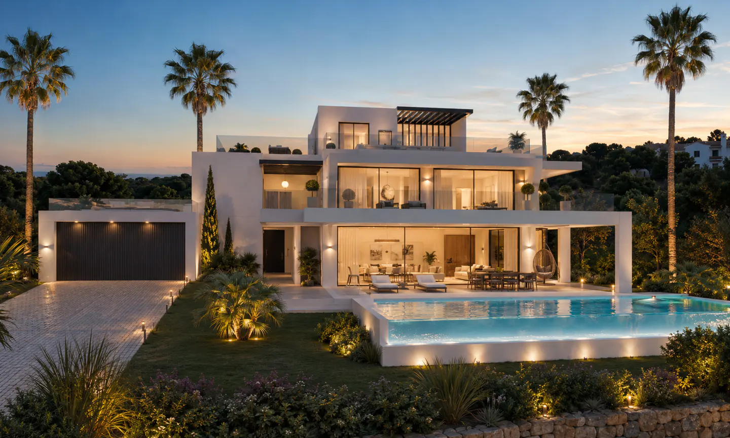 Modern white villa with a pool at dusk. Palm trees frame the building with large windows and a dark garage door.