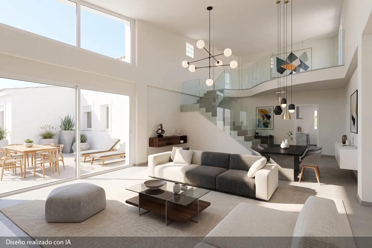 Bright, modern living room with a gray and white sofa, glass coffee table, and open staircase. Outdoor patio visible through large sliding glass doors.