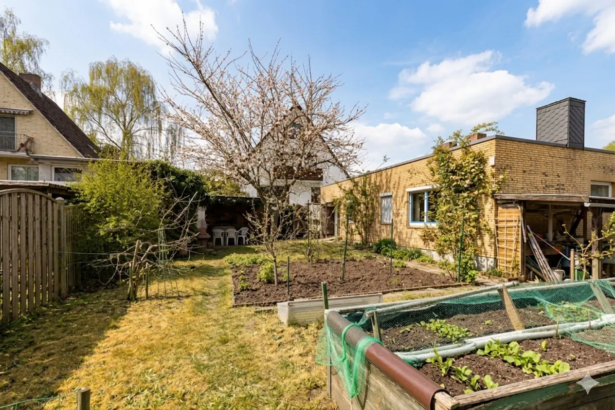 A backyard with raised garden beds, a blooming tree, and a patio set. The yard is surrounded by a wooden fence and brick buildings.