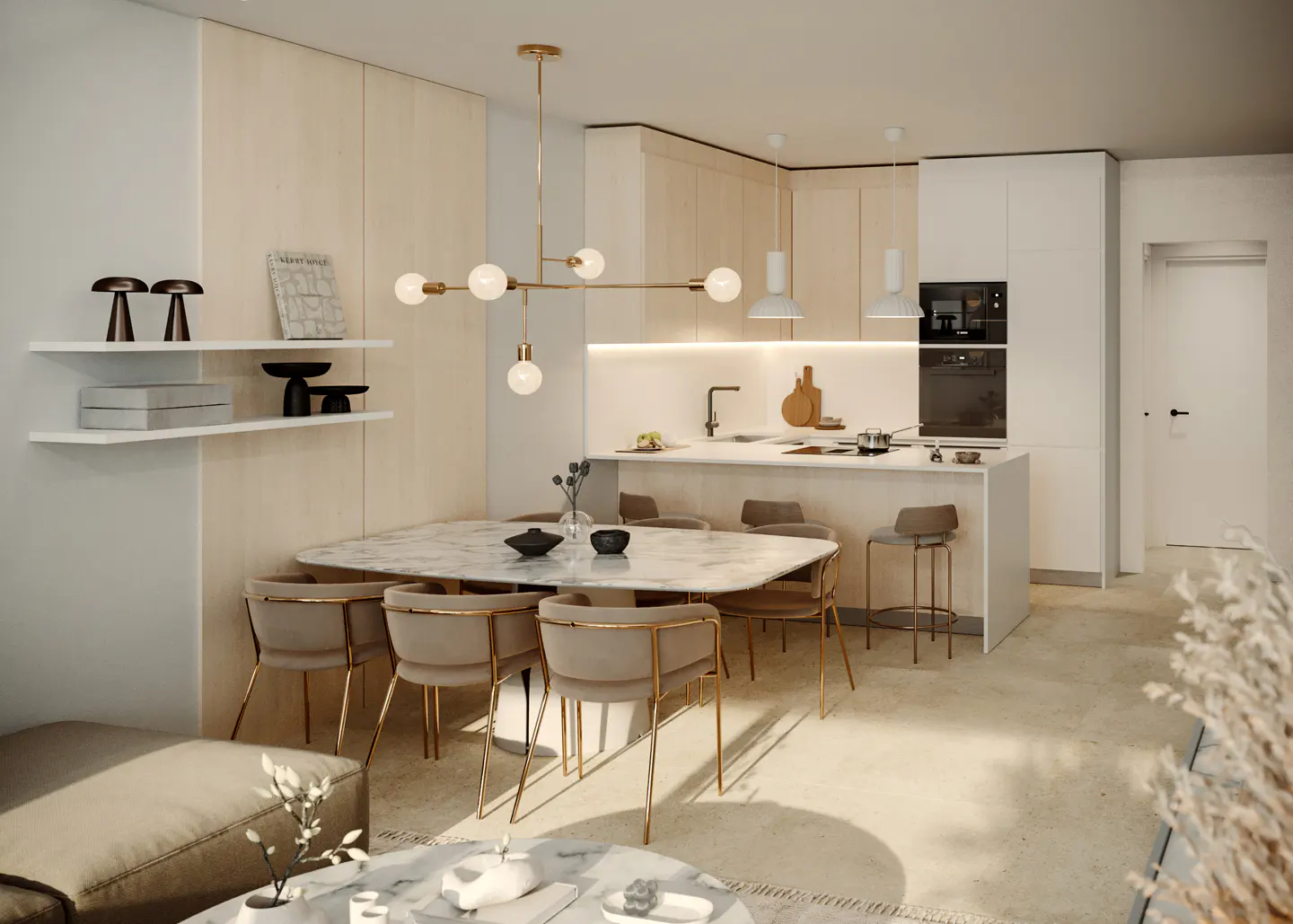 Open-concept kitchen and dining area with marble table, beige chairs, and modern gold chandelier. White cabinets and shelves.