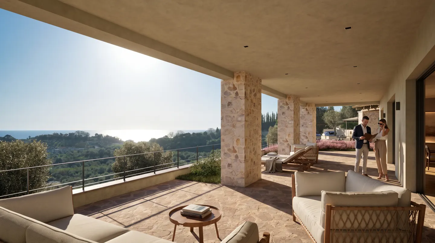 A man and woman stand on a stone terrace with outdoor seating, overlooking a scenic coastal landscape with olive trees.