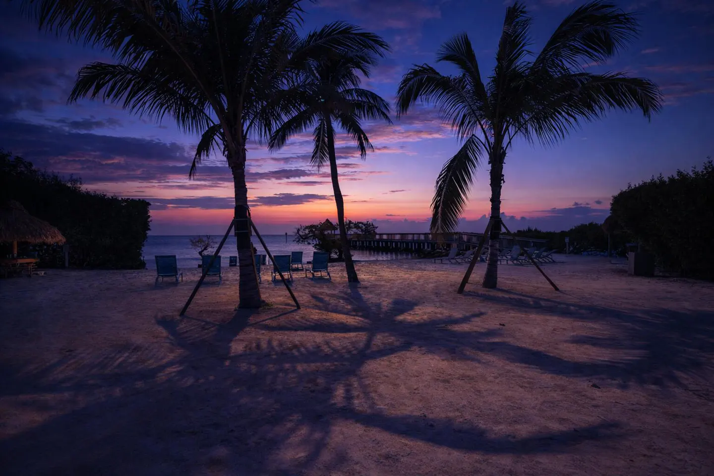 Beach scene at dusk with palm trees casting shadows on the sand. Lounge chairs face a pier over the water, with a colorful sunset sky.