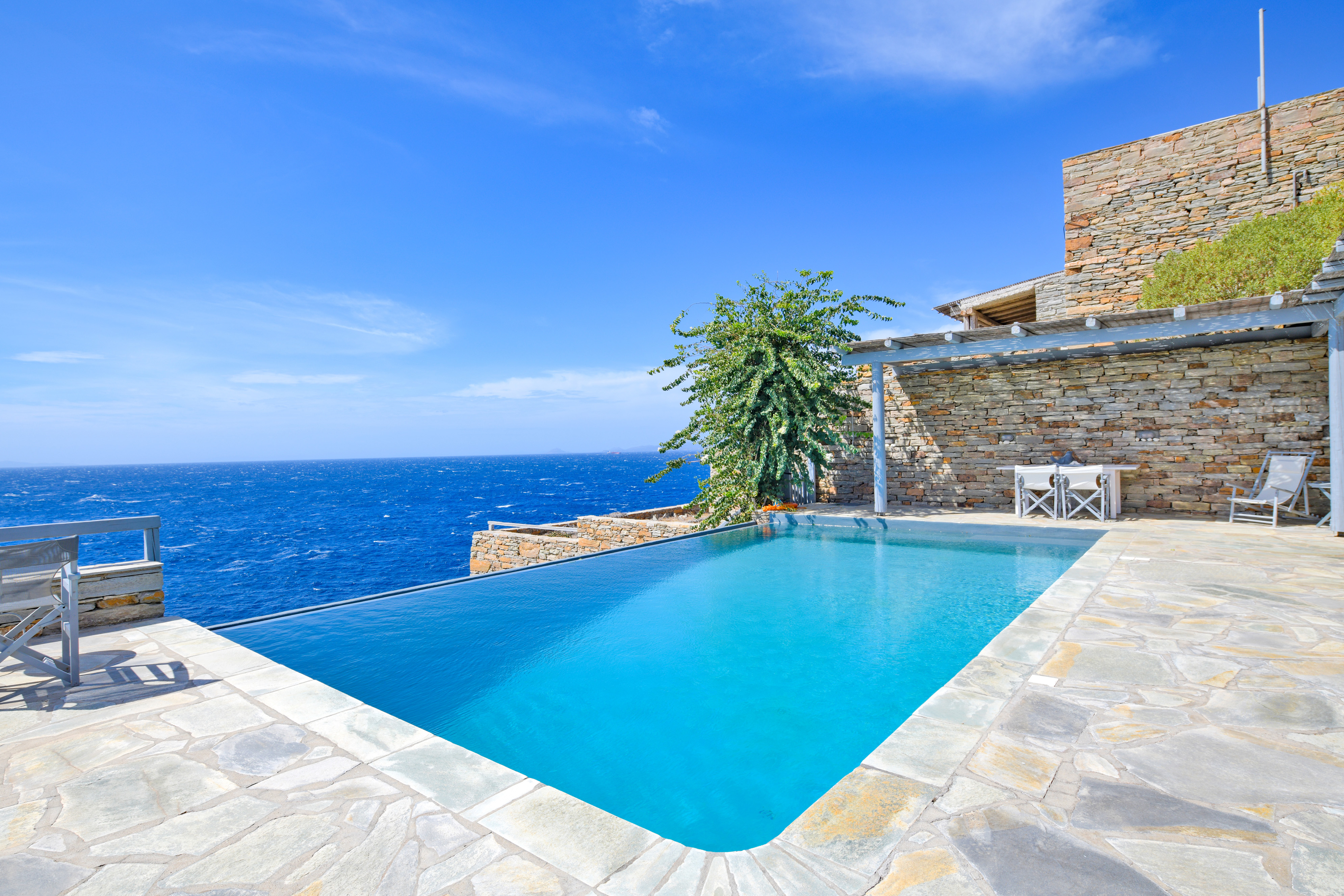 Beachside villa with infinity pool and sunset sea views in Kea