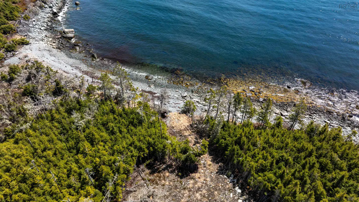Aerial view of a rocky beach meeting a dark blue ocean, bordered by a dense green forest.