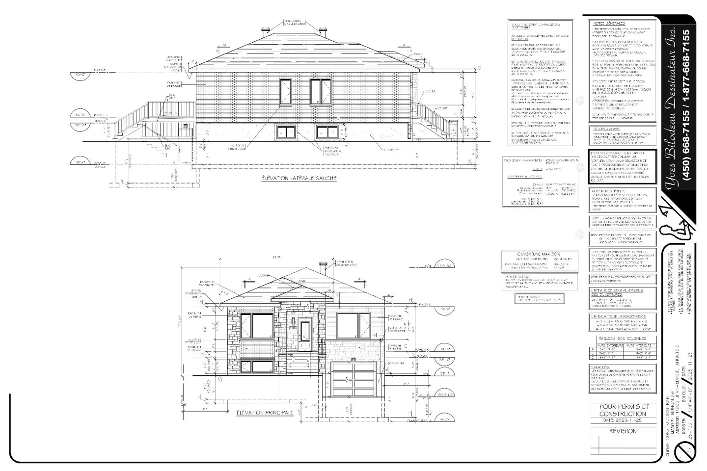 Architectural blueprint of a two-story house, showing front and side elevations with dimensions and construction details.
