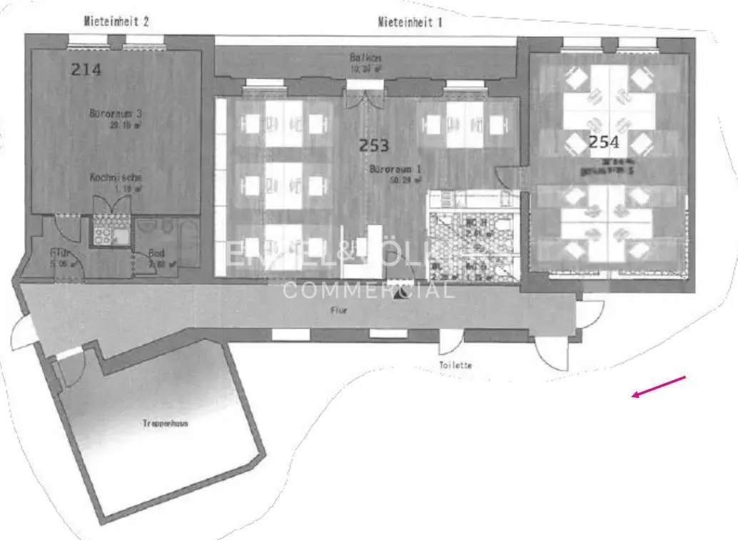Floor plan of office space with two units, showing room layouts, furniture, and dimensions. Unit 214 has a kitchen and bathroom. Units 253 and 254 have desks.