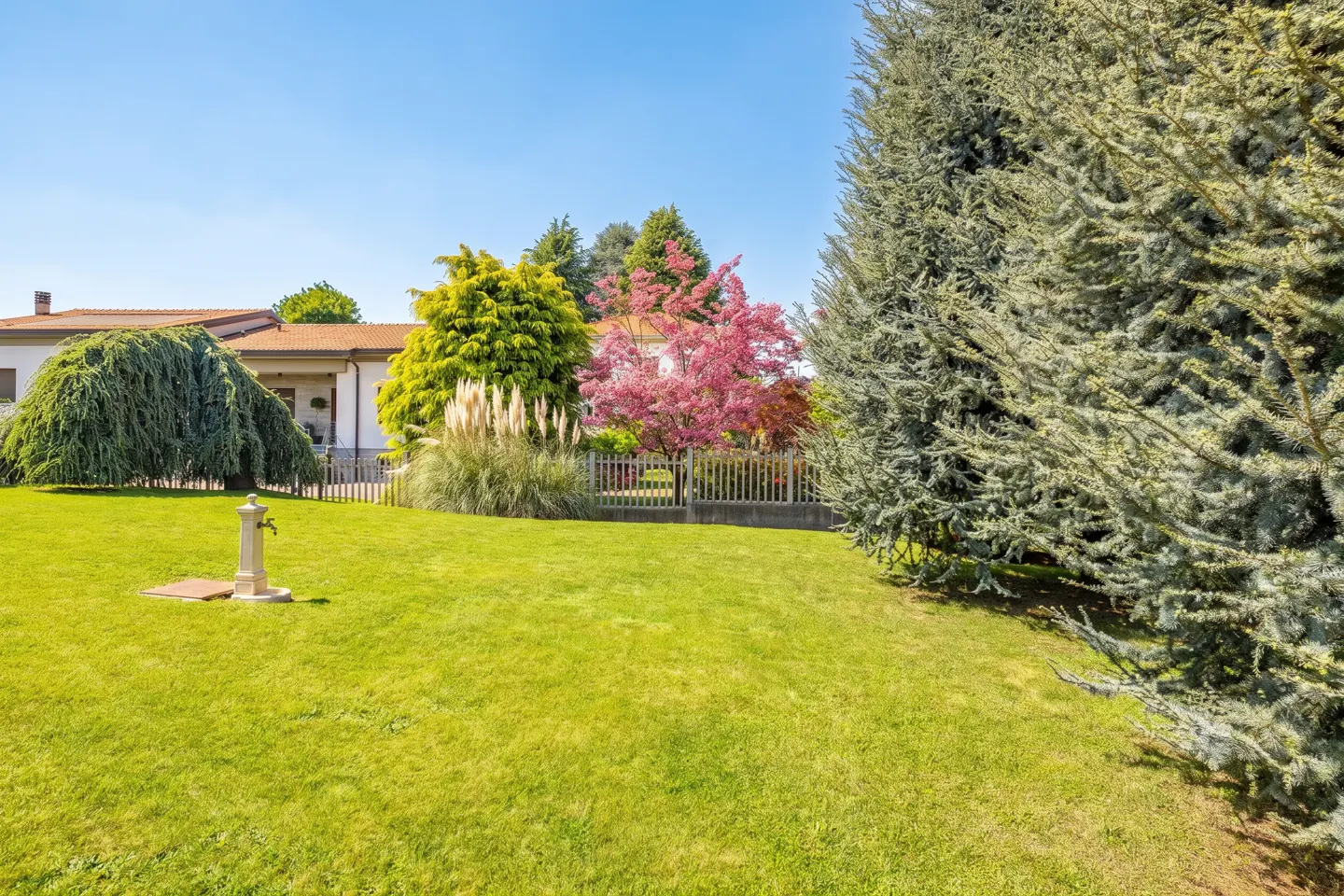 Lush green lawn with a water fountain, trees, and a house in the background under a clear blue sky.